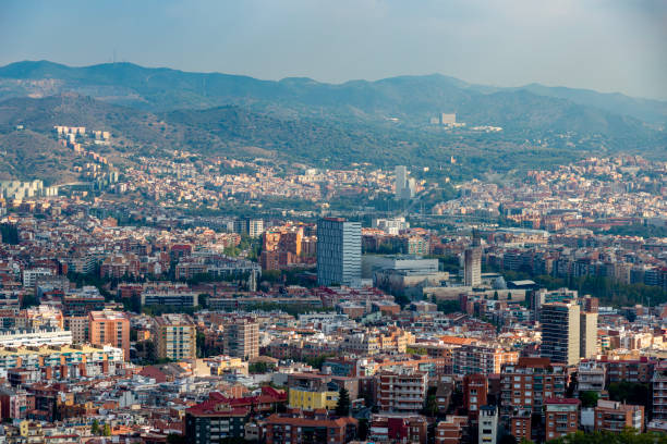 Barcelona panoramic cityscape at sunset. High angle view.