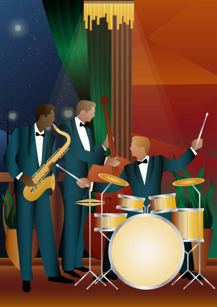 Jazz musicians near the Balcony. Double bass, saxophone, drum. Musicians play musical instruments