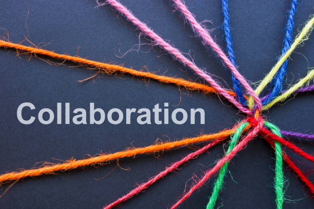Collaboration concept. Colored threads are connected together and the inscription.