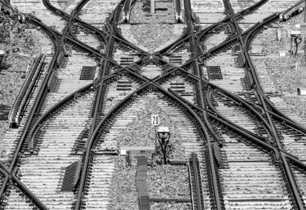 Germany, Berlin, Charlottenburg, May 16, 2024 -High angle view of crossing railway tracks