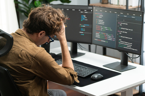 It Developer Working Online Software Development Coding On Pc Screens ...