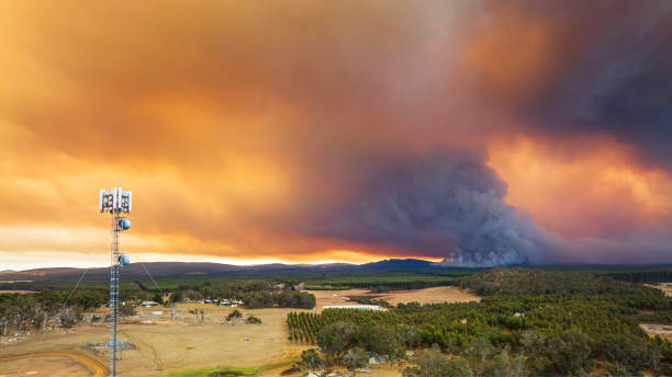 istock Thick smoke plumes creating dramatic sky from out of control bush fire with communication tower in foreground 2154581113