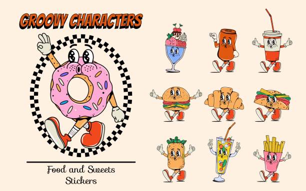 Set of characters in groovy style. Vector illustration. Junk and fast food. Faces, legs and arms. Psychedelic and hippie. Comic y2k. Hands. Retro poster. Drinks, fries, burger, croissant, ice cream, sandwich, coffee. Aesthetics of the 60s and 70s