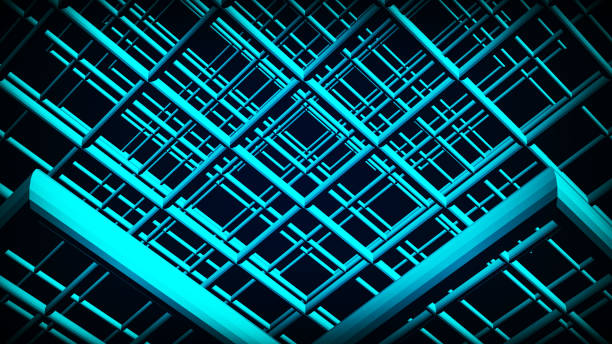 Abstract background with blue squares and neon frames on a dark background. Abstract blue mesh background rendered in 3d