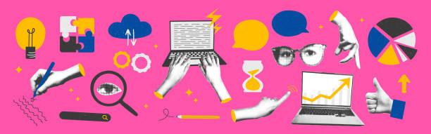 illustrazioni stock, clip art, cartoni animati e icone di tendenza di illustrazione vettoriale alla moda del set di elementi aziendali del collage a mezzitoni - immagine composita