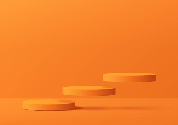 istock Realistic 3D orange cylindrical podium background with floating round pedestal wall scene. Minimal mockup or abstract product display presentation, Stage showcase. Platforms vector geometric design. 2154596326