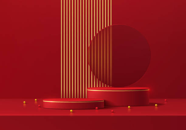 istock Realistic red 3D cylindrical podium background with sphere ball, golden stripes wall scene. Minimal mockup or abstract product display presentation, Stage showcase. Platforms vector geometric design. 2154596329