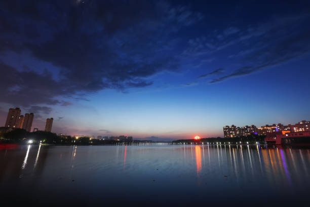 Night view of waterfront city, North China
