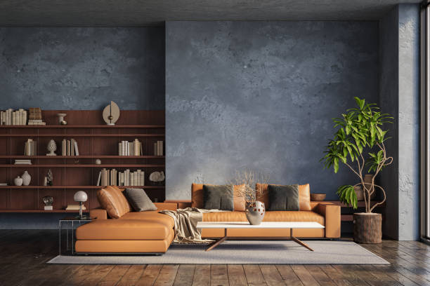 istock Interior design of modern apartment with dark blue walls. Interior mockup, 3d render 2154600303