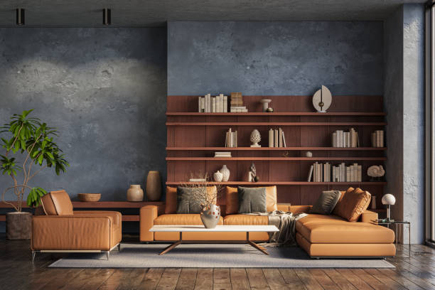 istock Interior design of modern apartment with dark blue walls. Interior mockup, 3d render 2154600305
