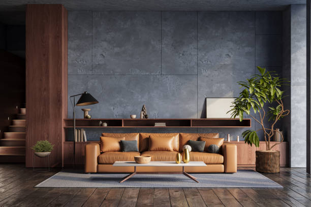 istock Interior design of modern apartment with dark blue walls. Interior mockup, 3d render 2154600315
