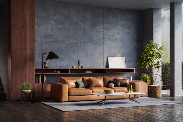 istock Interior design of modern apartment with dark blue walls. Interior mockup, 3d render 2154600320