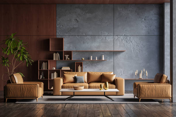 istock Interior design of modern apartment with dark blue walls. Interior mockup, 3d render 2154600352
