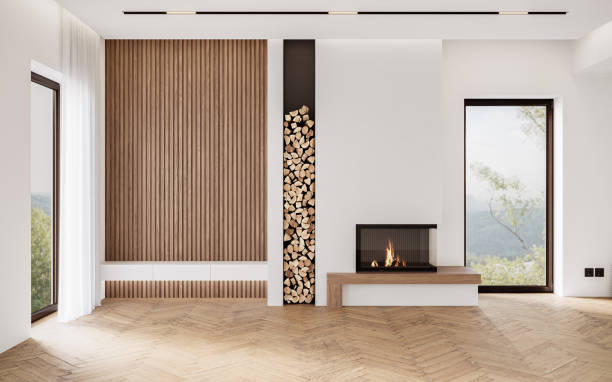 istock Minimalist living room interior with white walls and modern fireplace. Interior mockup, 3d render 2154601341