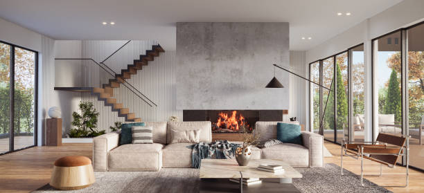 istock Cozy living room interior with large windows, staircase, fireplace and decor. Modern design solution, 3d rendering 2154602694