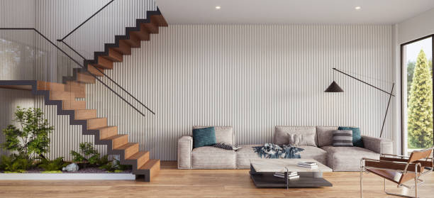 istock Cozy living room with staircase and modern sofa. Interior mockup, 3d render 2154602701