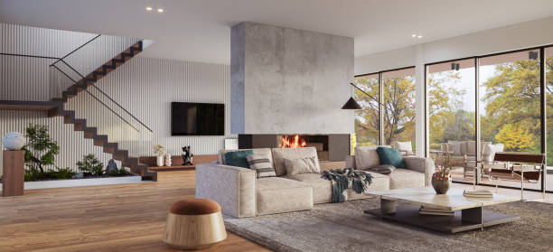 istock Cozy living room interior with large windows, staircase, fireplace and decor. Modern design solution, 3d rendering 2154602703