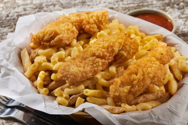 Mac and Cheese Fries with Fried Chicken Tenders