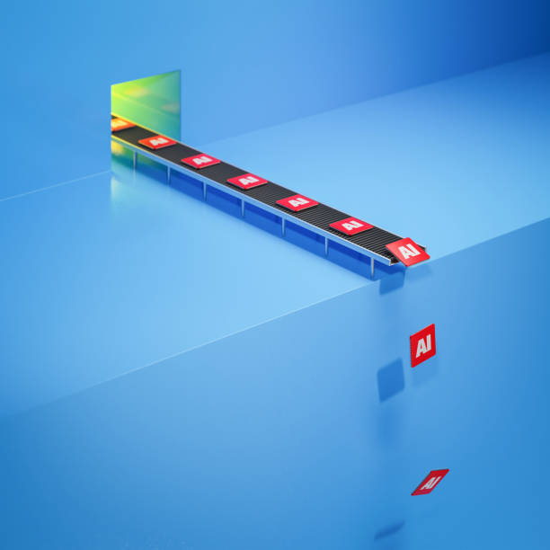 istock AI chip hype concept, GPU. Red microchips with AI printed on falling off a production line. Selective focus. 3d render 2154605838