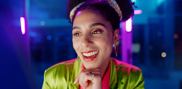 istock Woman, night and excited in office with neon, tablet or scroll for reading with problem solving at coding job. Person, girl and developer with click for programming, solution or creative for software 2154607359