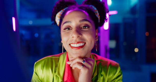 istock Woman, night and excited in office with neon, tablet or scroll for reading with problem solving at coding job. Person, girl and developer with click for programming, solution or creative for software 2154607369