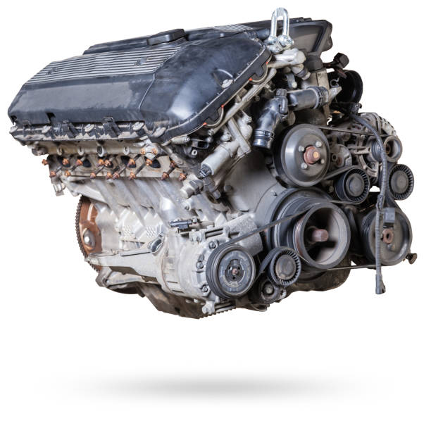 istock engine with  five cylinders made of aluminum and metal during repair or replacement on a guarantee on a white isolated background. 2154609903