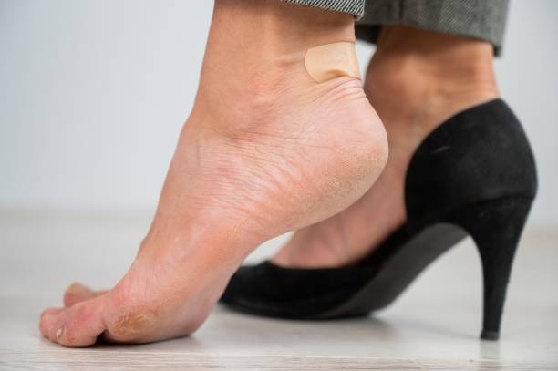 istock A woman in black shoes puts a plaster on a corn 2154613243