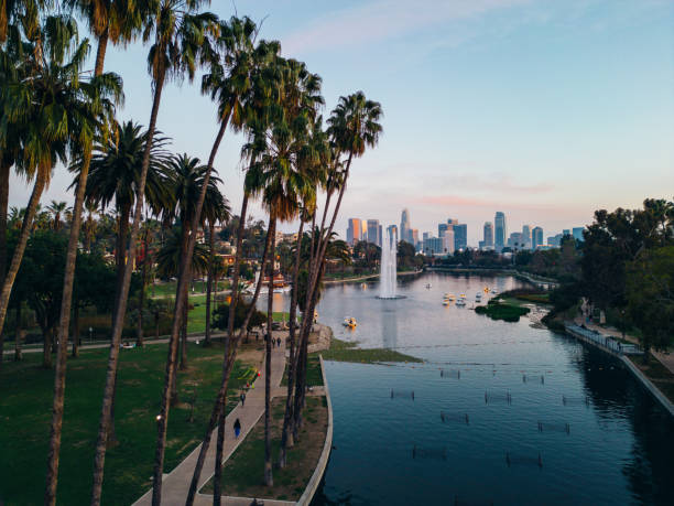 Echo Park at sunset, view to DTLA skyscrapers
