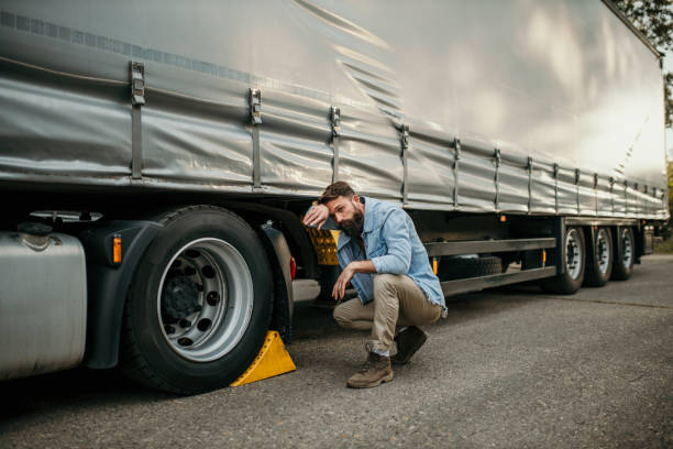 istock Truck driver putting down a wheel chock to insure safety 2154626221
