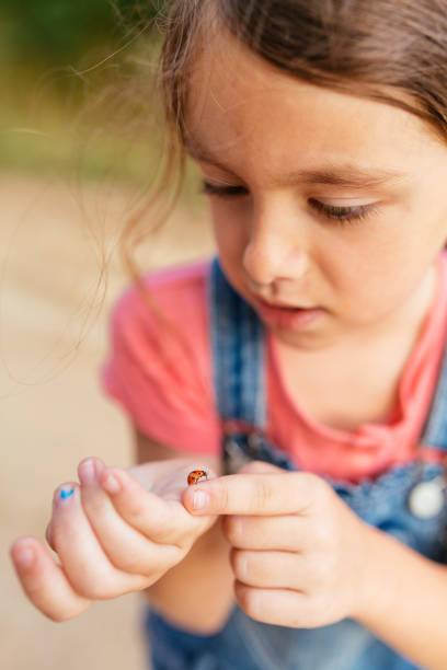A grape snail crawls along a child's hand.