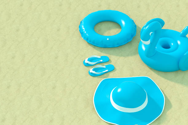 Summer Holiday Travel Concept with Beach Sand Background. Digitally generated image. 3d render.