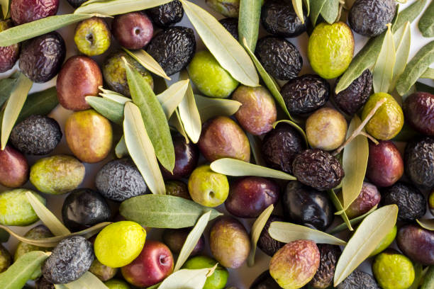 New crop mixed olives and green fresh olive leaves background,harvest concept.This image can be used vertically or horizontally.