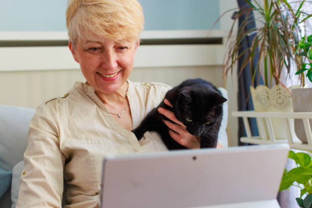 istock Woman Using Laptop And Petting Cat On Sofa At Home 2154651074