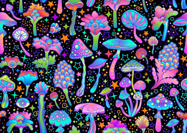 Magic mushrooms and stars seamless pattern. Psychedelic hallucination. 60s hippie colorful art. Vintage psychedelic textile, fabric,. Vector repeating illustration. Magic mushrooms and stars seamless pattern. Psychedelic hallucination. 60s hippie colorful art. Vintage psychedelic textile, fabric, wrapping, wallpaper. Vector repeating illustration. lsd trip stock illustrations