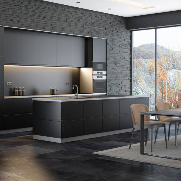 istock Modern Black Interior Kitchen with Dining table with 8 chairs. Modern Black slate stone wall. 2154658211