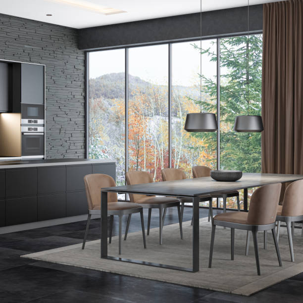 istock Modern Black Interior Kitchen with Dining table with 8 chairs. Modern Black slate stone wall. 2154658213