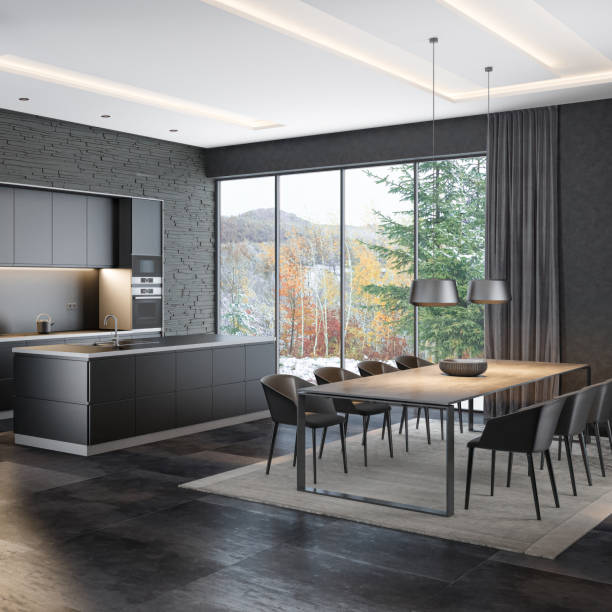 istock Modern Black Interior Kitchen with Dining table with 8 chairs. Modern Black slate stone wall. 2154658214