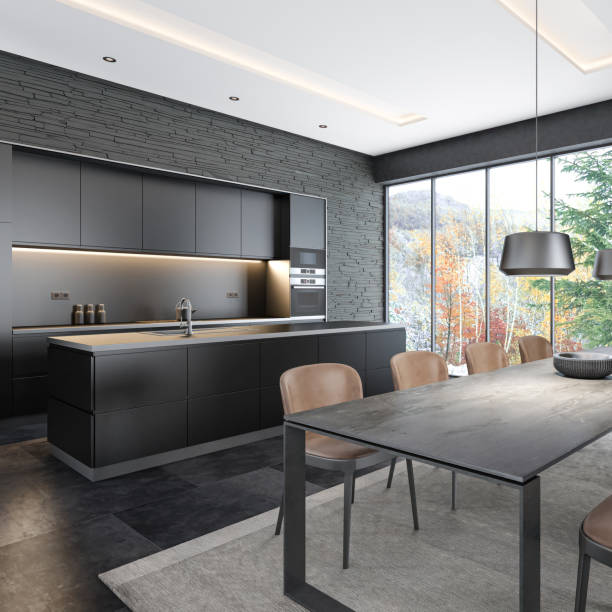 Modern Black Interior Kitchen with Dining table with 8 chairs. Modern Black slate stone wall.