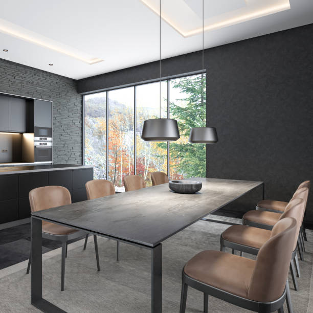 istock Modern Black Interior Kitchen with Dining table with 8 chairs. Modern Black slate stone wall. 2154658229