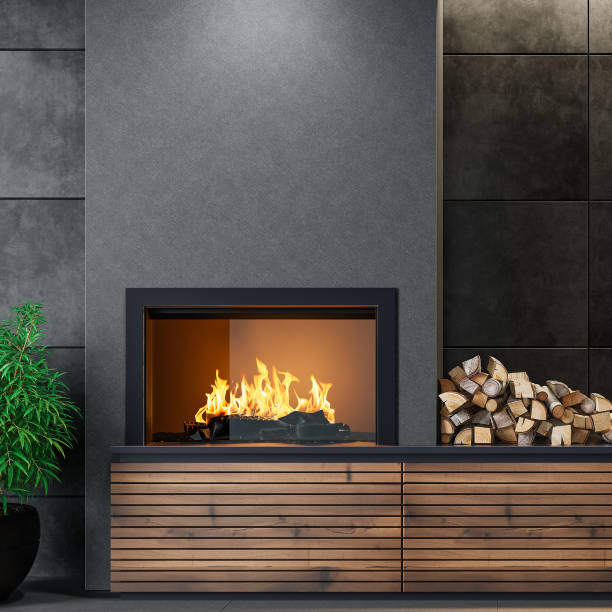 istock Scandinavian living room with fireplace. 2154660023