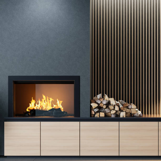 istock Scandinavian living room with fireplace. 2154660026