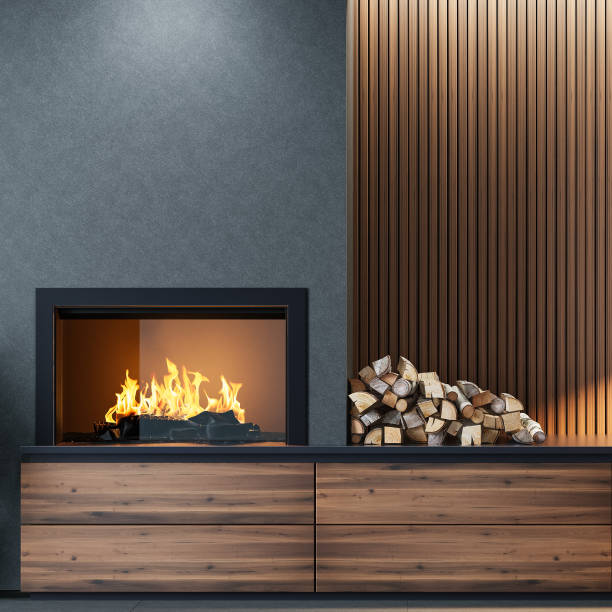 istock Scandinavian living room with fireplace. 2154660027