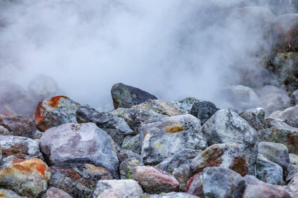 Steam from a hot spring heated by geothermal heat