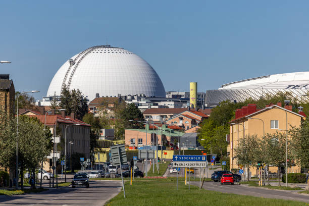 Stockholm, Sweden May 15, 2024 A view of the Avicii Globe Arena from the Enskede district.