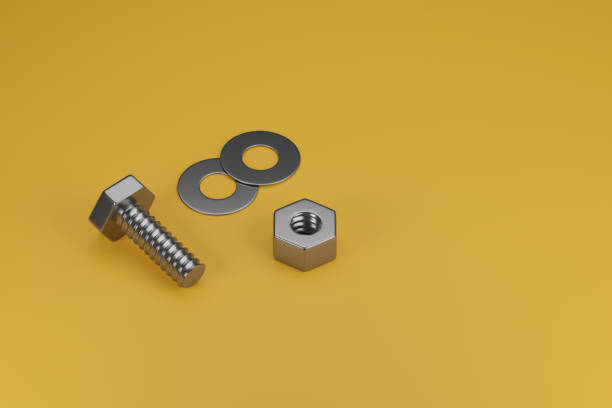 istock Bolt , nut and washers isolated on yellow background. 3d illustration. 2154668467