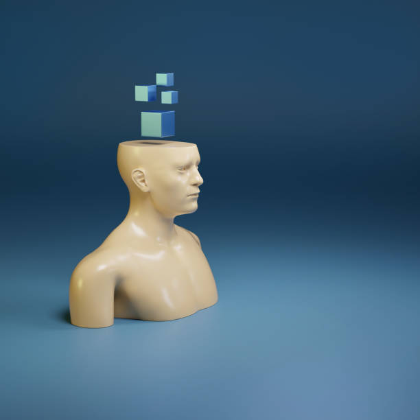 istock Human figure with geometric bodies on his head isolated on blue background. Thinking concept. 3d illustration. 2154668470