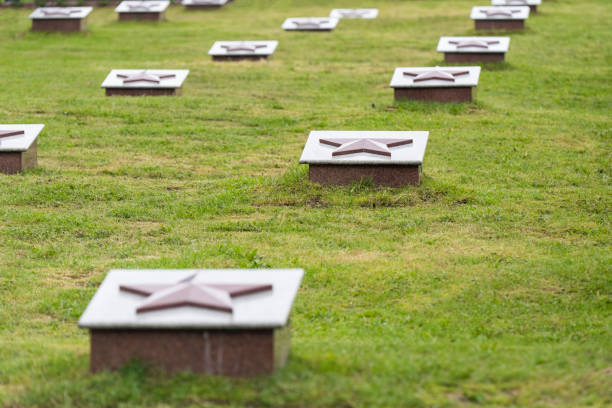 Tombstones of soldier mass graves. Military cemetery.