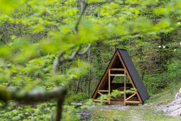 istock Wooden gazebo for relaxing in a beautiful forest. 2154671343