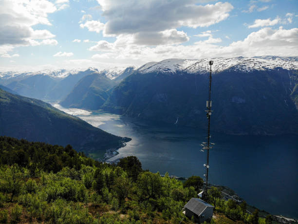 istock Working at high telecommunications mast installing 5G 4G LTE antennas for Internet 2154684358