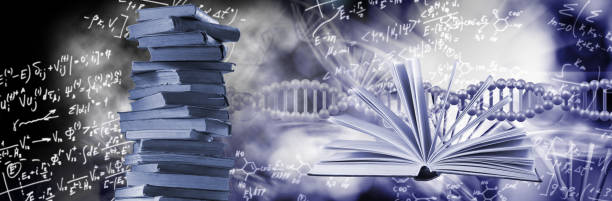 istock open book, a stack of books against the background of stylized DNA models and mathematical formulas 2154684484